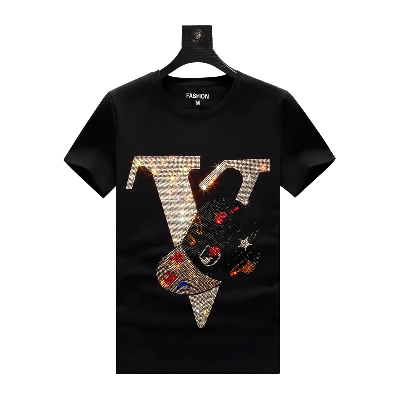 

2021 summer new trend men's hot diamond short sleeve T-shirt young man base shirt