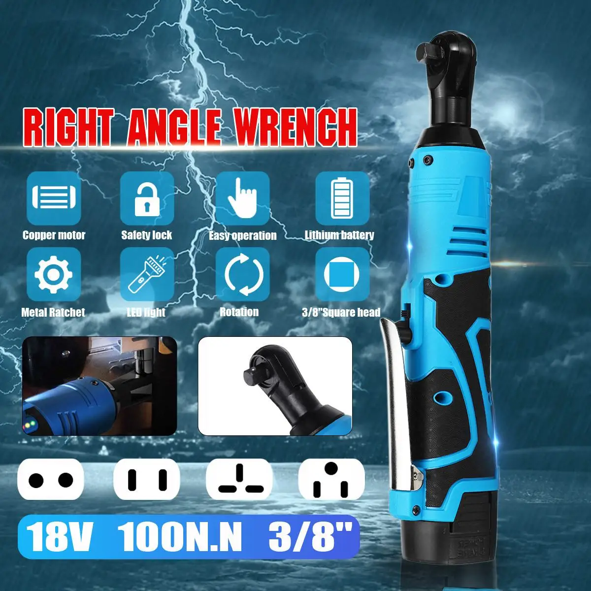 

100N.m Cordless Electric Wrench 18V Ratchet Wrench Repair Tool Rechargeable Right Angle Wrench with 1 Battery Charger Kit