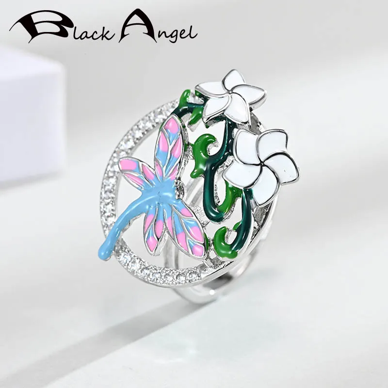 

BLACK ANGEL Colorful Enamel Dragonfly Rings 2020 New 925 Silver Blue Gemstone Insect Finger Ring For Women Wholesale Jewelry