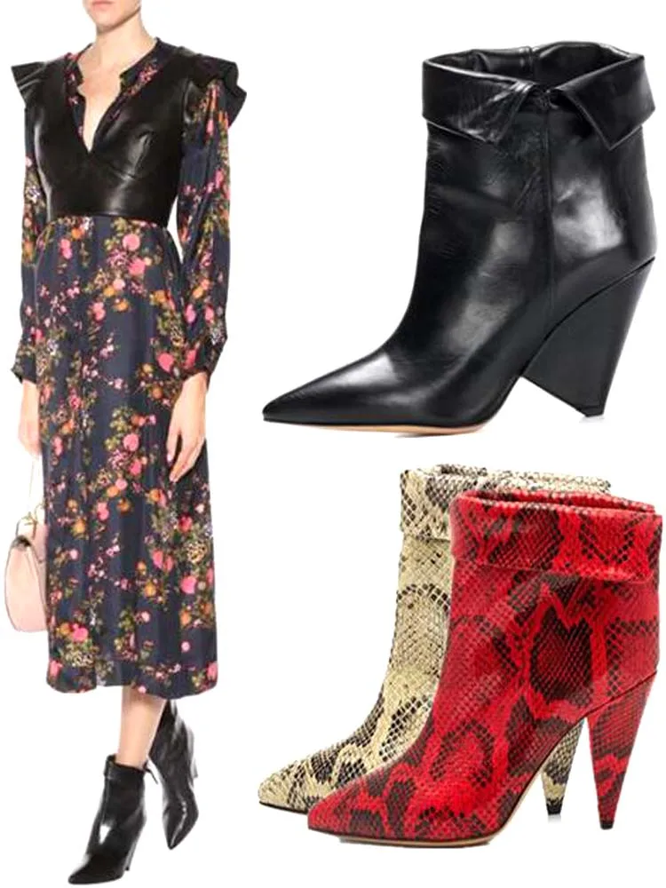 

Woman Leather Pointed Toe Spike Heel Ankle Boots Celebrity Cuffed Heel Woman Ankle Boots Plus Size Woman Short Boots Real Photos