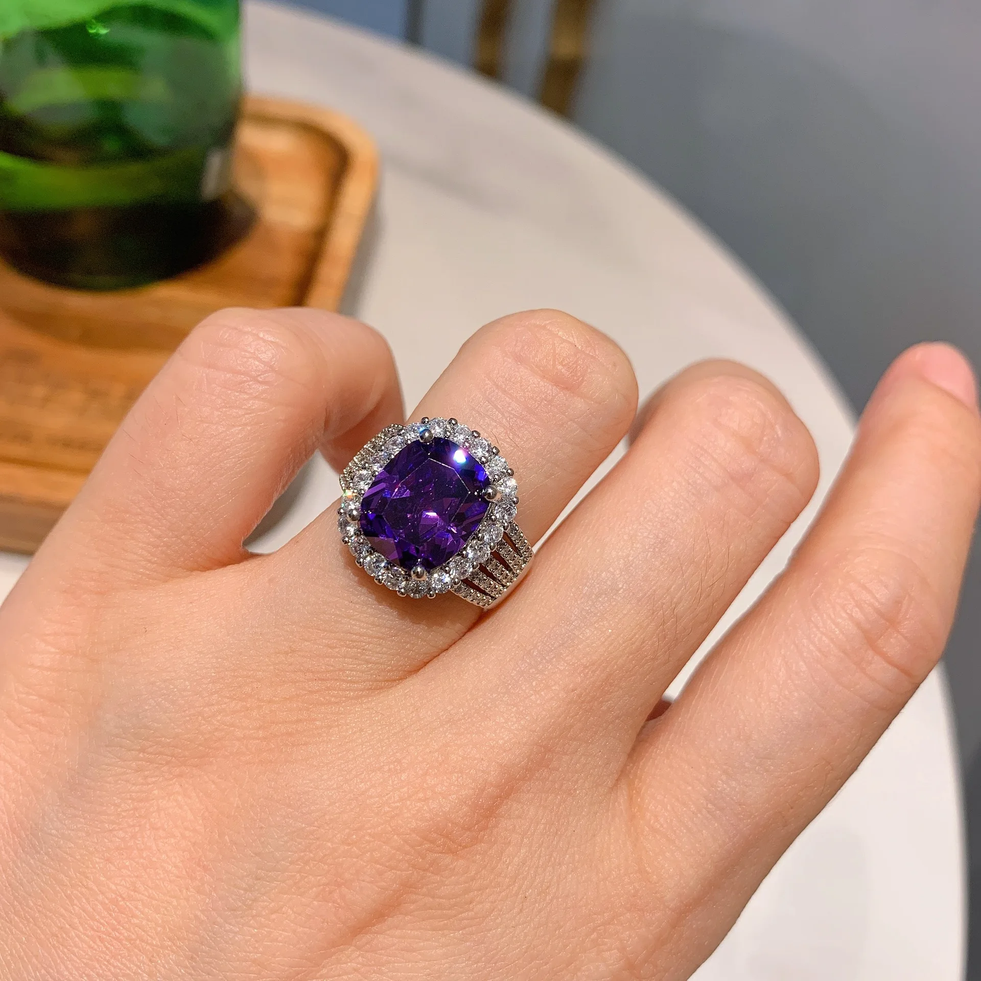 

925 Silver New Retro Style Temperament Simulated Purple Zircon Adjustable Ring Shining Diamond For Women Engagement Jewelry Gift