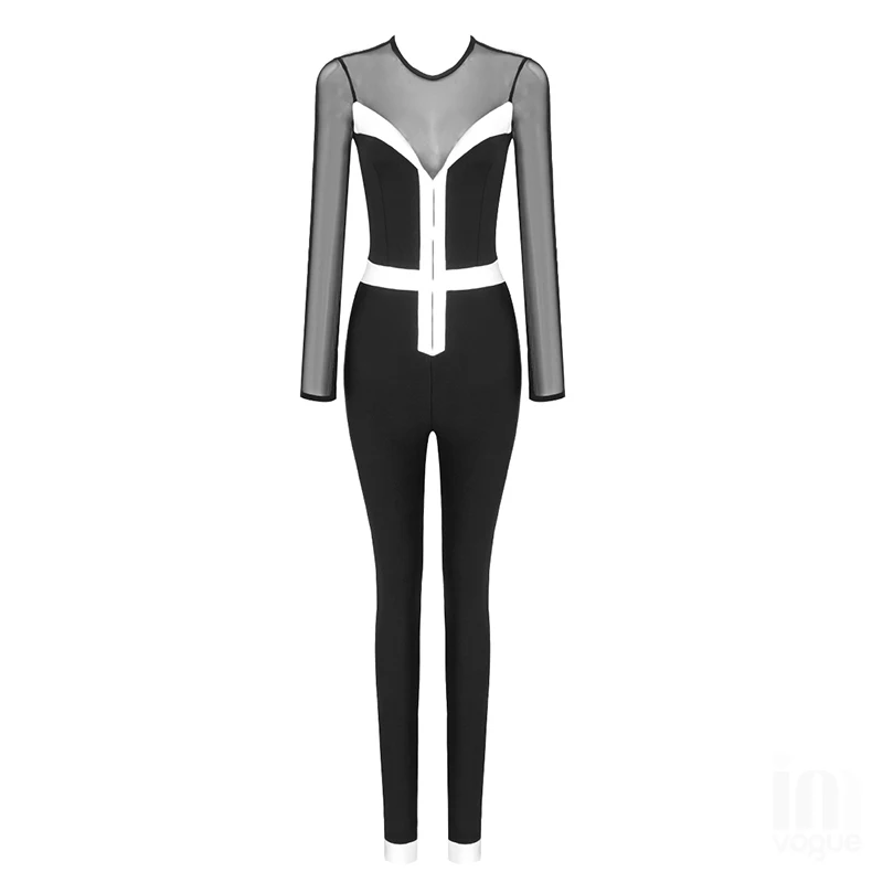 Женский комбинезон с длинным рукавом черный облегающий в стиле пэчворк зима 2022 |