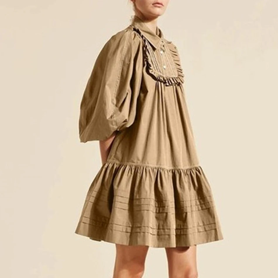 

Ailigou 2020 Fall New Retro Loose Bubble Half Sleeve Ruffled Fashion Lapel Mini Dress Celebrity Runway Club Party Dress Vestidos