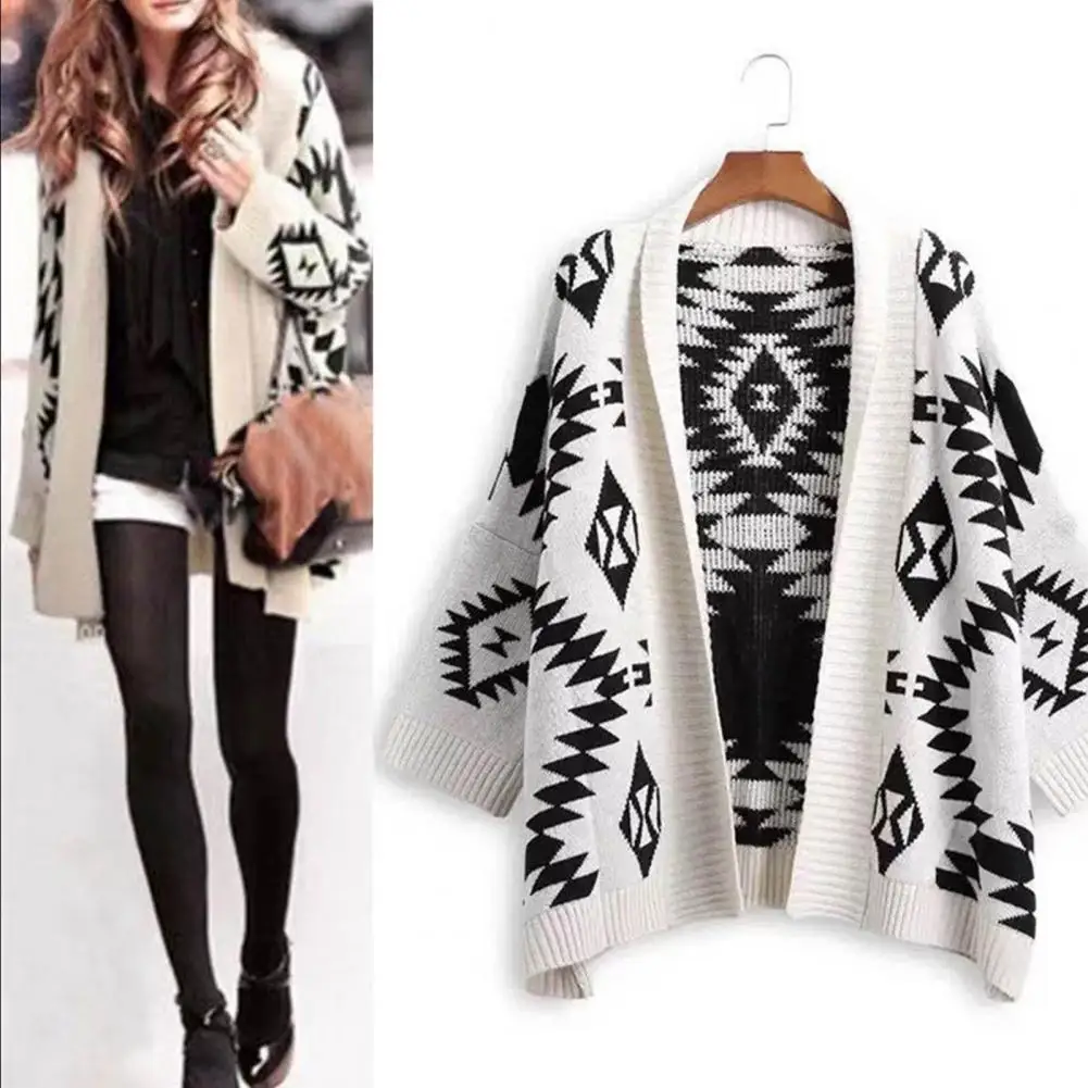 

Lady Sweater Coat Cardigan Knitted Casual Ethnic Vintage Print Winter Sweater Coat for Daily Wear