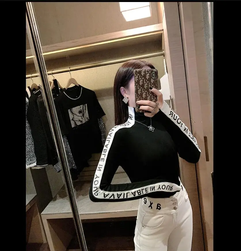 Осенне-зимняя женская Вельветовая эластичная футболка с высоким воротником и