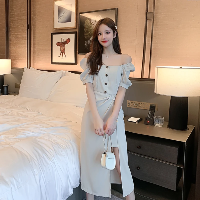 

2021 Summer New French Style Retro Square Collar Puff Sleeve Split Dress Women's Waist Slimming Temperament Goddess Style