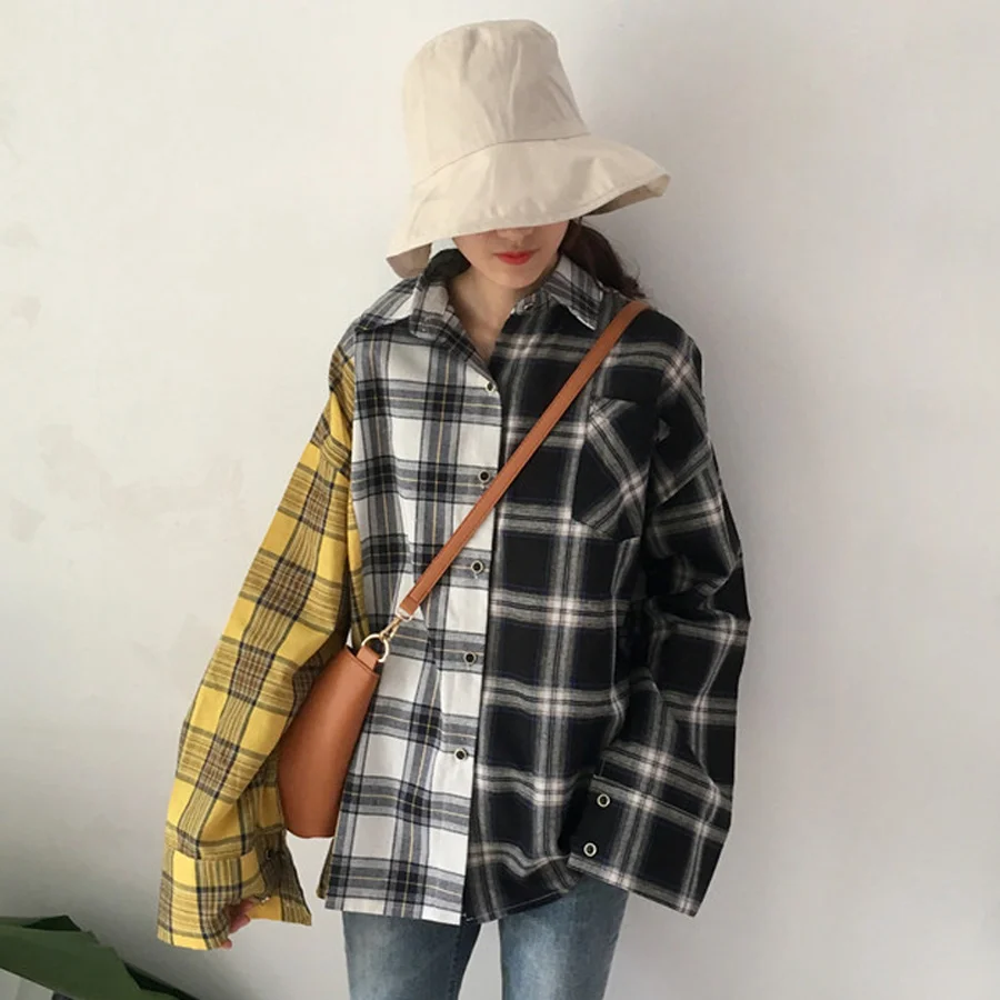 BTS клетчатая рубашка Женская хлопковая Лоскутная Повседневная Блузка с длинным