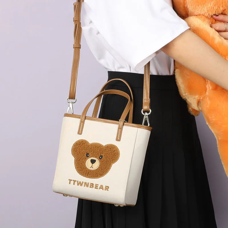 

Messenger all-match bag Mini tote bag counter new cute bear cartoon canvas bag Korean version ins handbag