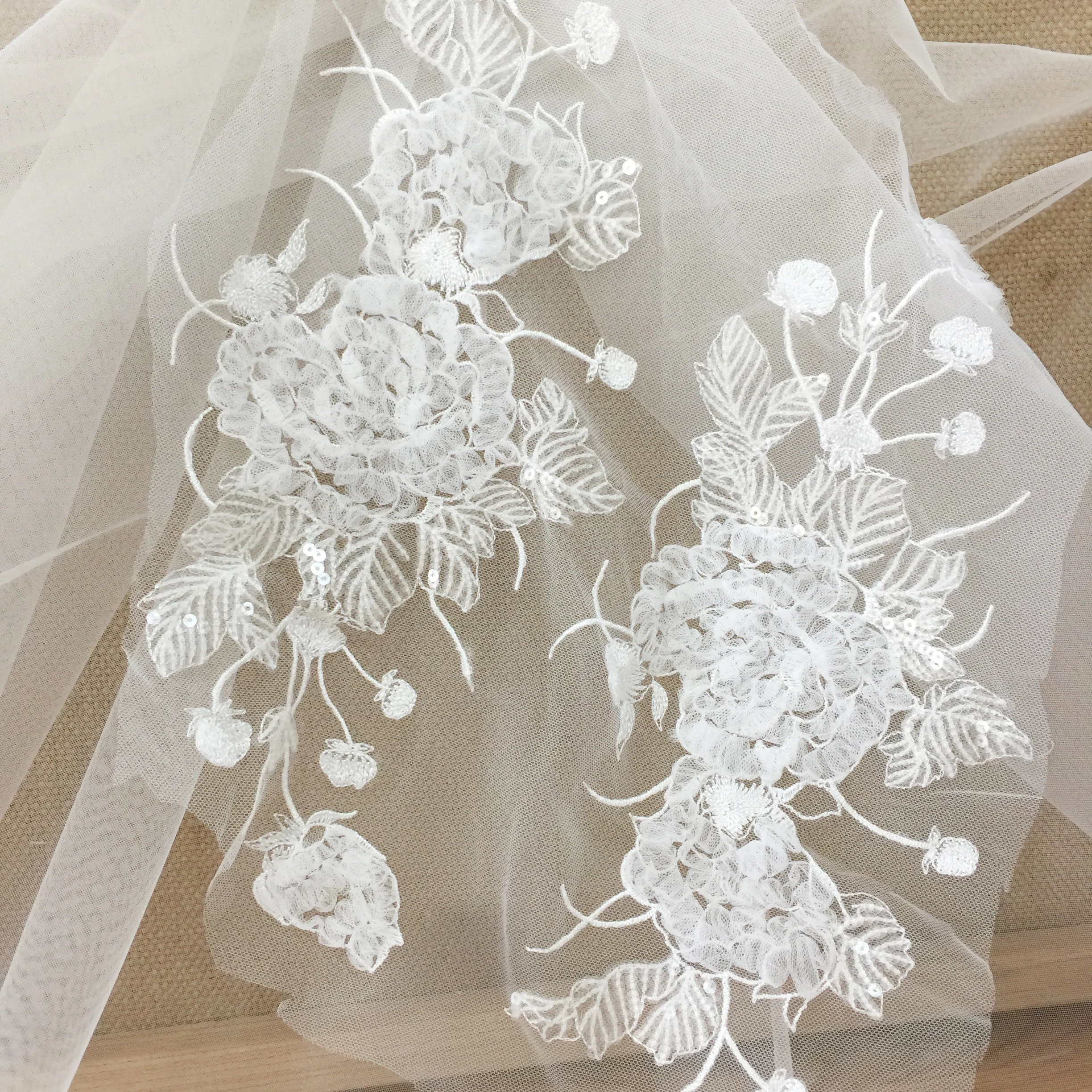 

4 Pieces 3D FRuffled Tulle Lace Applique for Wedding Dress, Light Ivory Sequin Beaded Lace, Bridal Lace Applique