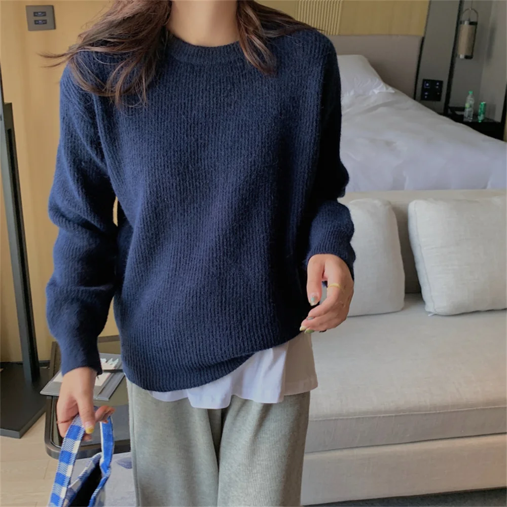 

대한민국 2021 Korea Knitwear Bottom Women Sweaters Loose Solid Chic Pullover Autumn Stylish Hot All Match Streetwear Jumpers