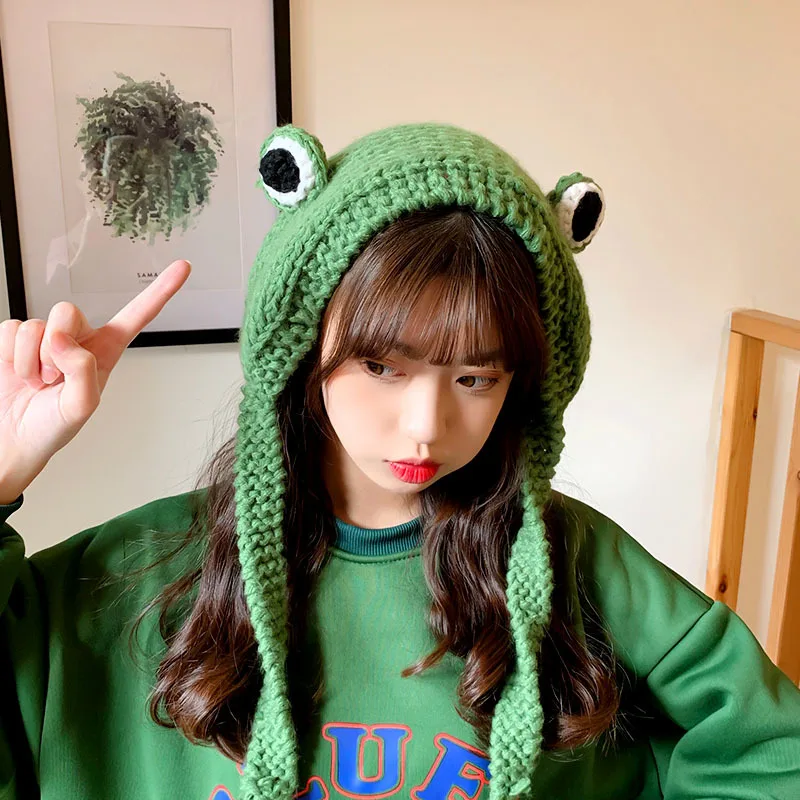 

Ins Hot Sweet Cute Knitted Woolen Hat Autumn and Winter Big Eyes Frog Hat Headgear Warm Ear Cap Beanie