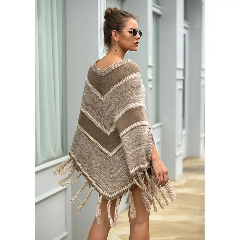 

Women Winter Crew Neck Pullover Sweater Top Color Block Striped Fringe Tassels Shawl Wrap Batwing Knitted Loose Poncho Cape Cloa