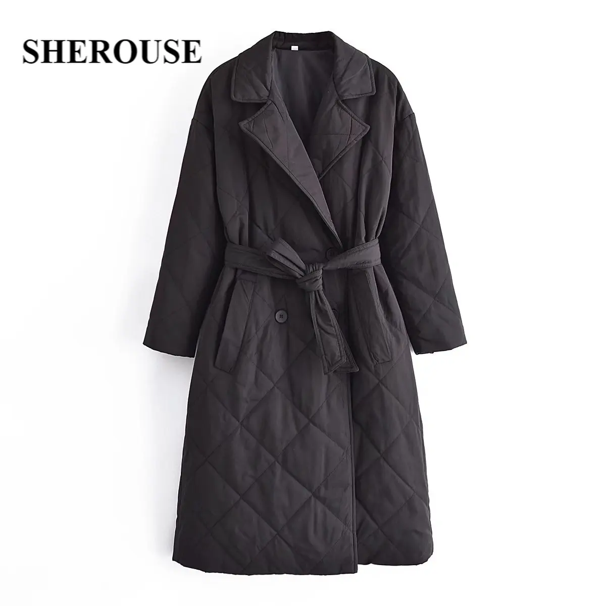 

Sherouse Women Fashion With Belt Black Double Breasted Trench Coat Vintage Notched Neck Long Sleeves Windbreaker Female Outfit