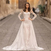 luxury mermaid wedding dresses long sleeve spoon collar detachable train 2 in 1 lace applique wedding gowns back button design