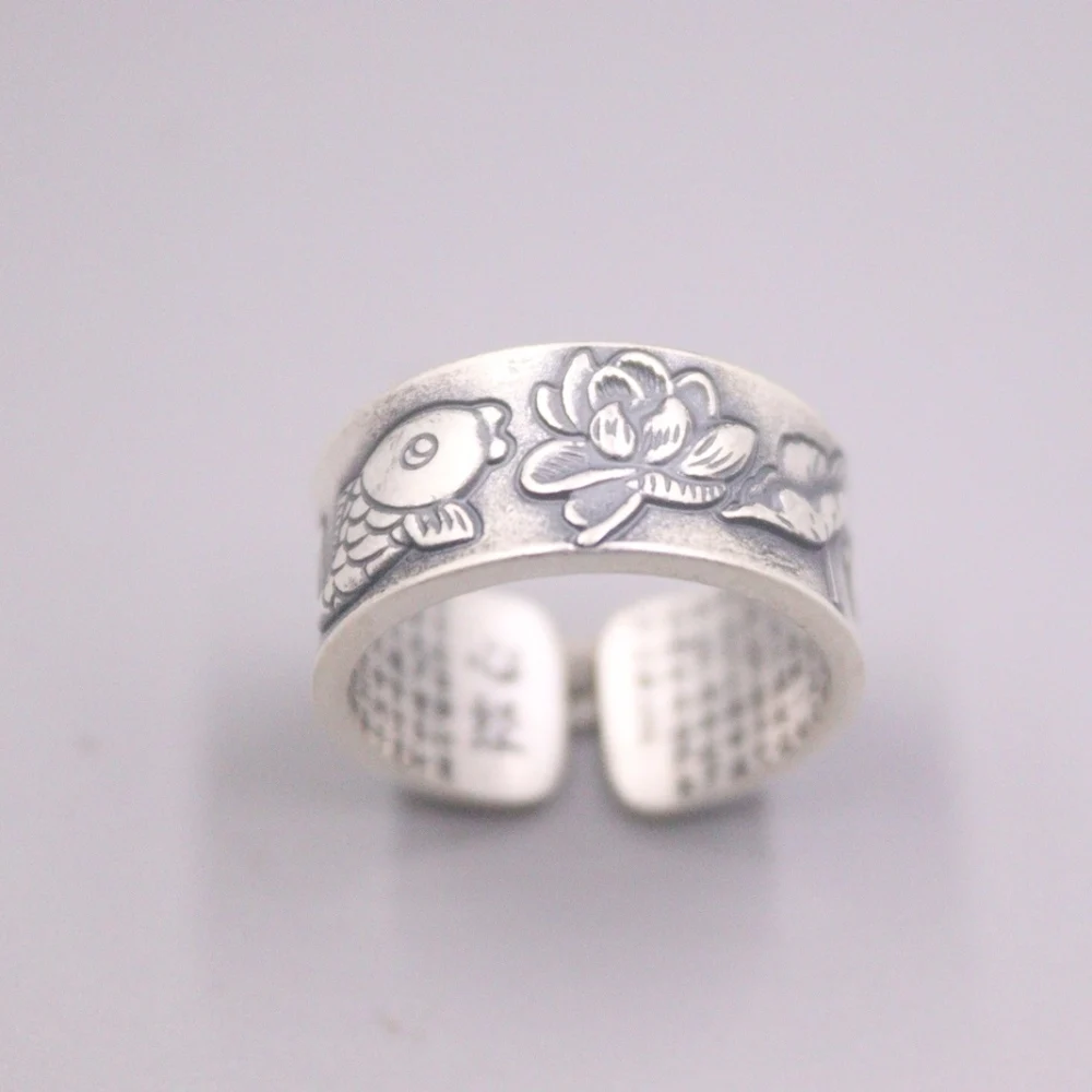 

S999 тонкой серебряное кольцо Для женщин мужчин удачи цветок лотоса рыбы с принтом в виде сердец и Stura узор и откройте кольцо Размеры 10mmW