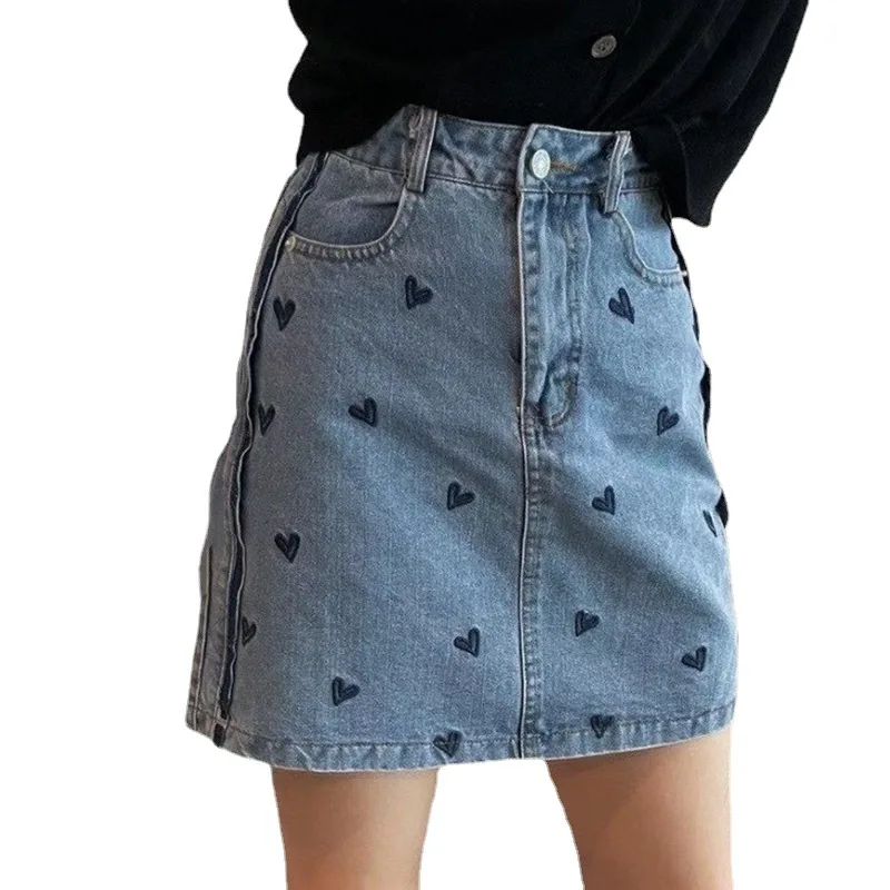 

Embroidery love denim skirt women's fashion 2021 new spring and summer high waist short skirt Korean A-line skirt