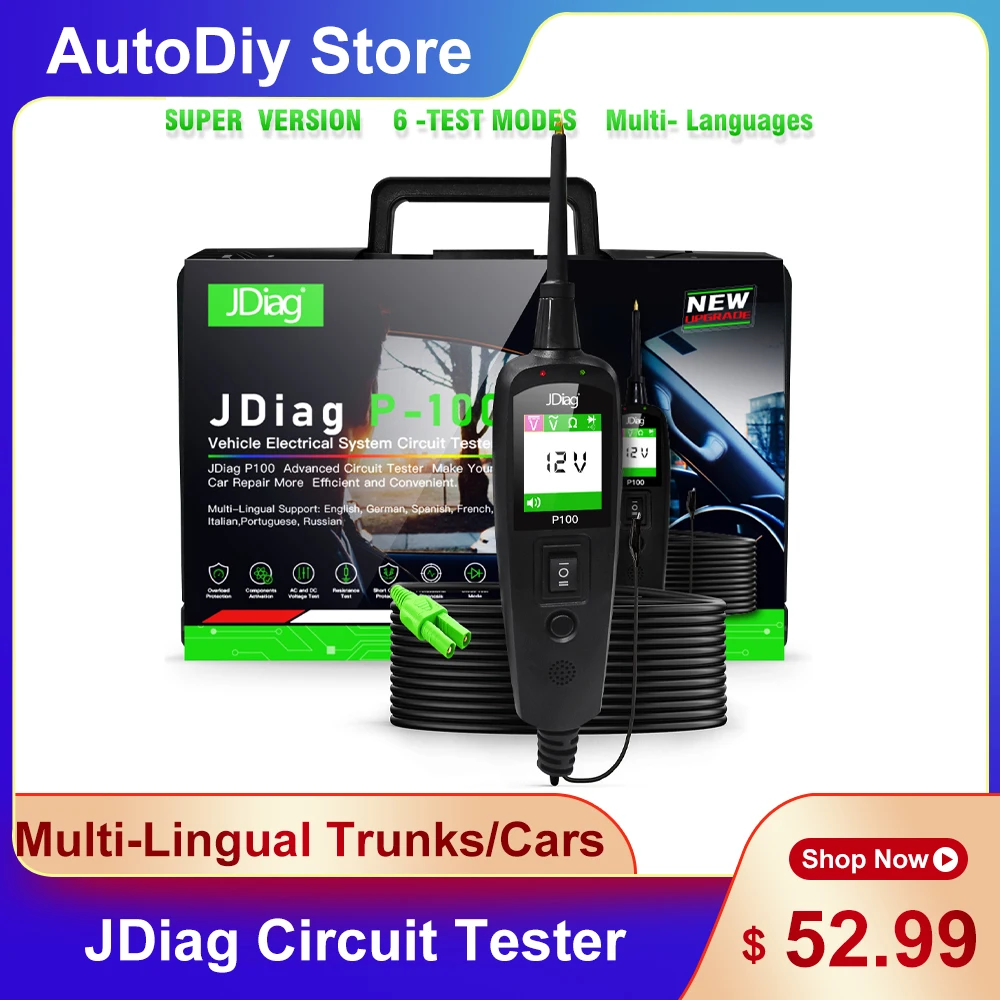 JDiag P100 Automotive Car Electrical Circuit Voltage Tester Diagnostic Tools Power Scan For Cars/Trucks 0-70V Mluti-lingual