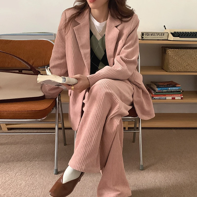 

2021 New Korean Fashion Commute Retro Suit Collar Long-sleeved Corduroy Jacket and High-waist Versatile Wide-leg Pants Sets