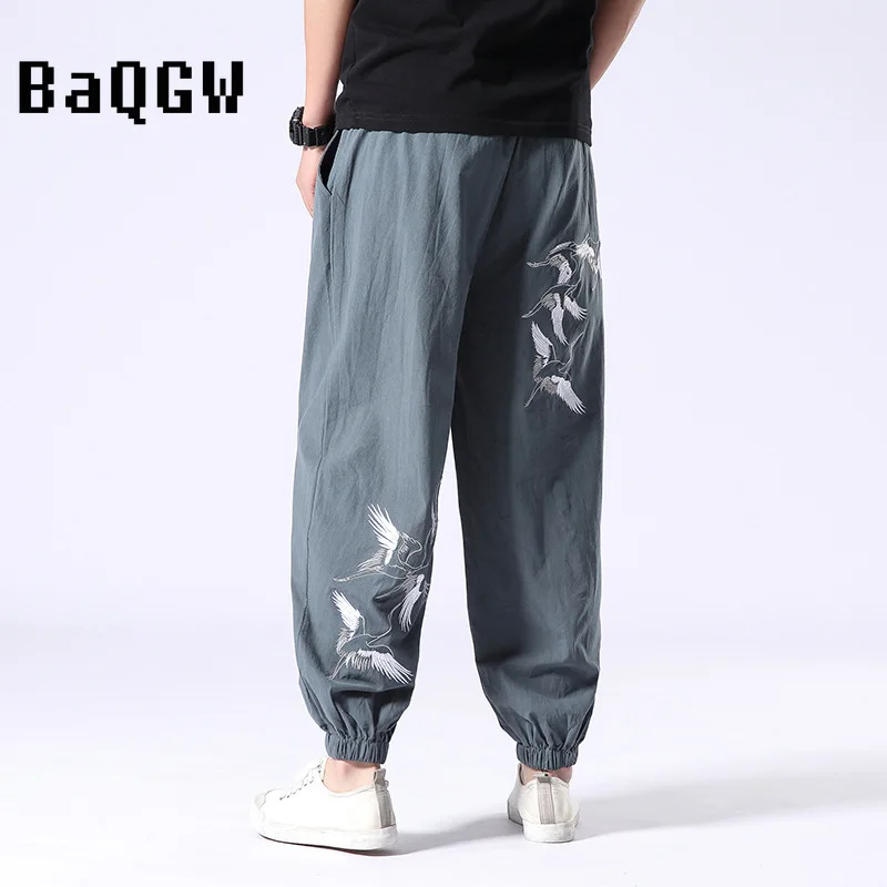 

Шаровары мужские из хлопка и льна, однотонные брюки в китайском стиле с вышивкой журавлей, девятые повседневные Модные джоггеры, уличная одежда для покупок