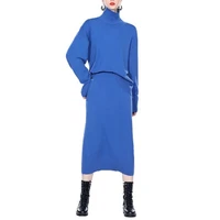 perhaps u women royal blue black two piece set causal loose turtleneck pullover sweater tops elastic waist mid skirt set t3080
