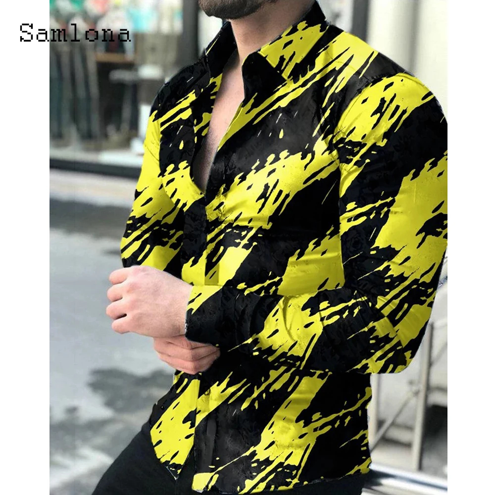 

Samlona Long Sleeve Mens Blouse Skinny Tops Sexy Men clothing 2021 Autumn Fashion Colorblock Print Shirt blusas Plus Size S-3XL