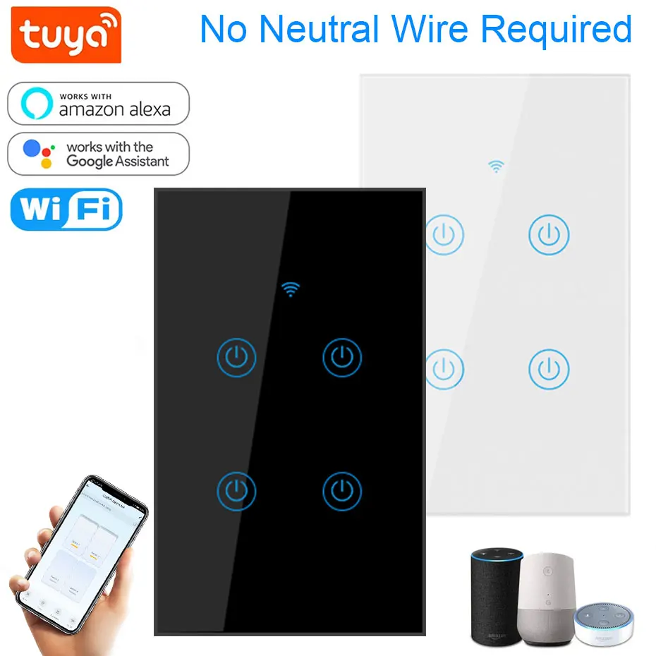 Tuya Smart Light Switch 220V Works With Alexa, Google Home ,No Neutral Wire Required ,Voice Remote Control Wifi Wall Switches