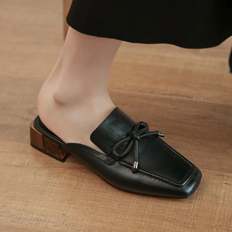 

Mules Shoes Women genuine leather bowties Decoration Sqaure Toe med Heels Spring Summer Pumps Nigh Club Shoes Woman