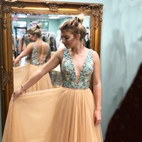 uzn sexy champagne deep v neck lace appliques prom dress new arrival a line sleeveless tank evening dress plus size draped tulle