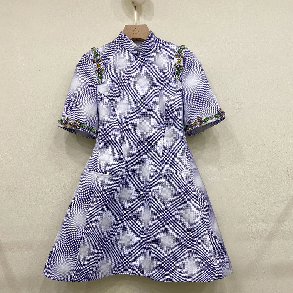 

Plaid Summer Mini Short Dress Female Qipao Vintage Chinese Style Spring Dresses Slim Crystal Nail Bead Cheongsam Womens Clothes