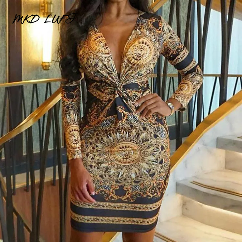Женское винтажное платье миди с принтом барокко коктейльное вечерние V-образным