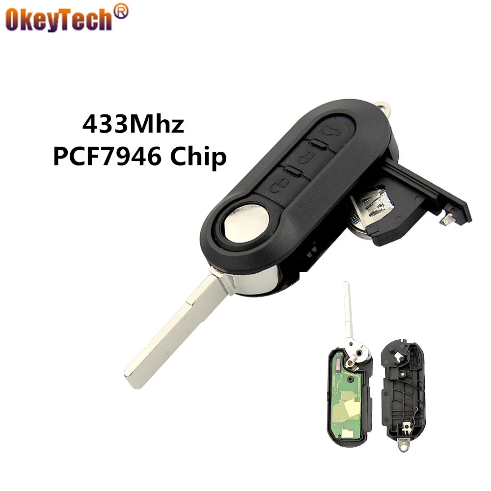 

OkeyTech 3 Button Flip Folding Remote Control Auto Car Key Uncut Blade 433Mhz PCF7946 Chip for Fiat 500 Panda Punto Bravo Grande