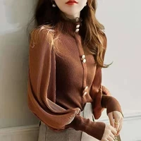 2021 autumn and winter new style elegant feminine wood ear craft half high collar lantern sleeve sweater blouse