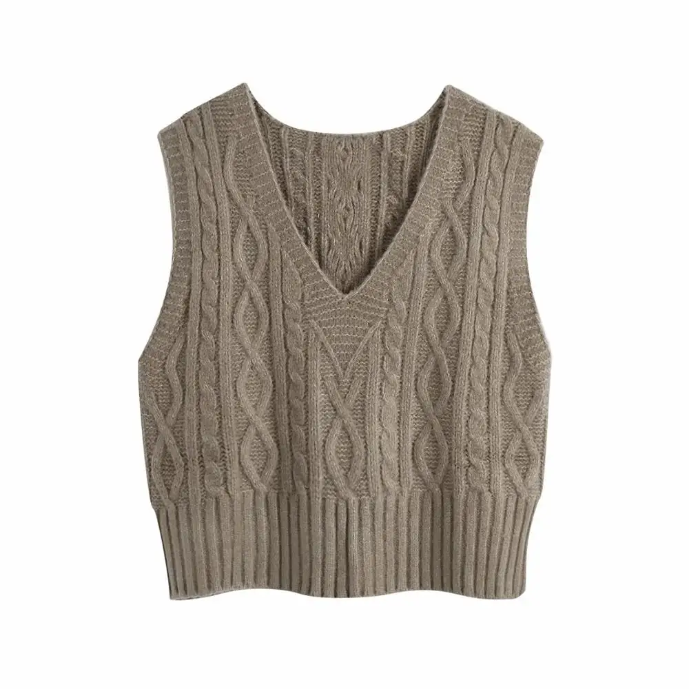

Pop Autumn Winter Women Cable-Knit Vest Ribbed trims Knited Top Sleeveless Sweater Pullover Female Clothes