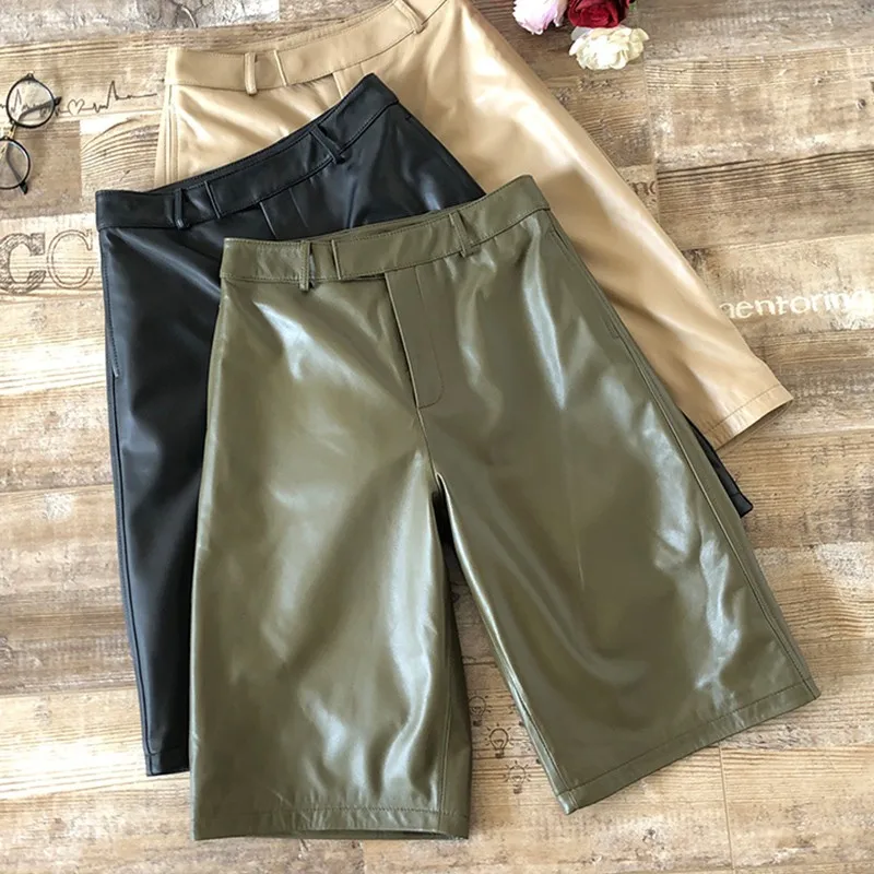 

New Women High Waist Wide Leg Shorts Ladies Loose Fit Casual Knee Length Trousers Streetwear High Quality Genuine Leather Shorts