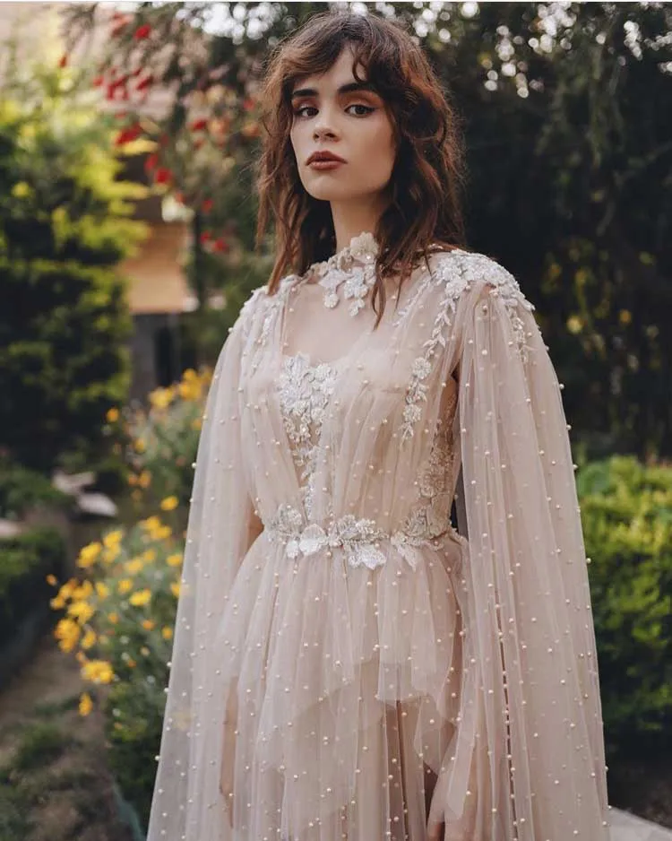 Goedkoop Elegant Vestidos De Fiesta O Hals Geappliceerd Kralen Parels Tulle Lange Mouwen Een Lijn Champagne Avondjurken