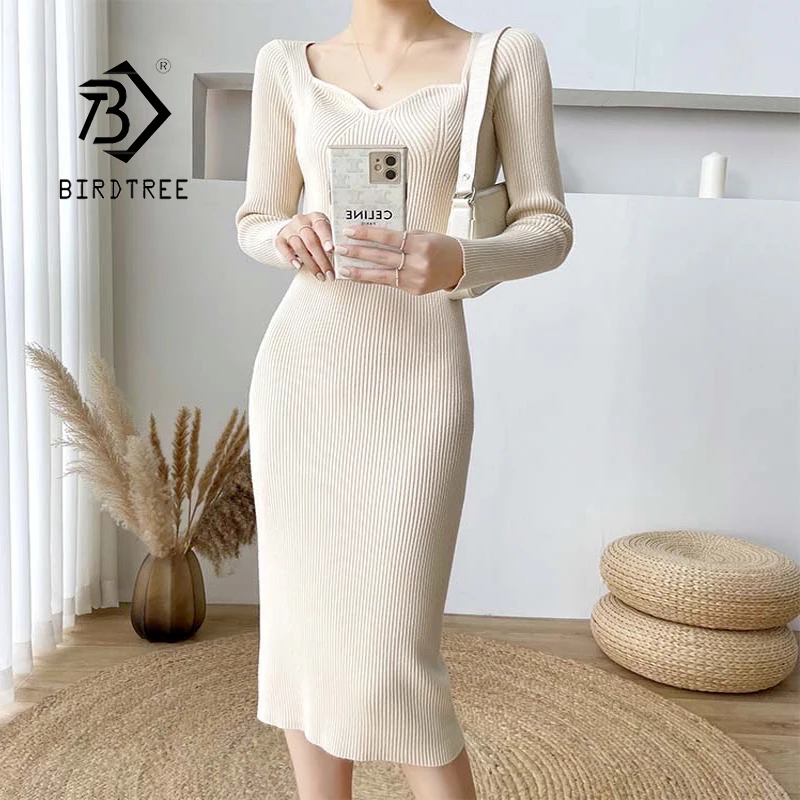

Весеннее женское винтажное однотонное облегающее платье с длинным рукавом, вязаные платья с высокой талией, Элегантный квадратный вырез, д...