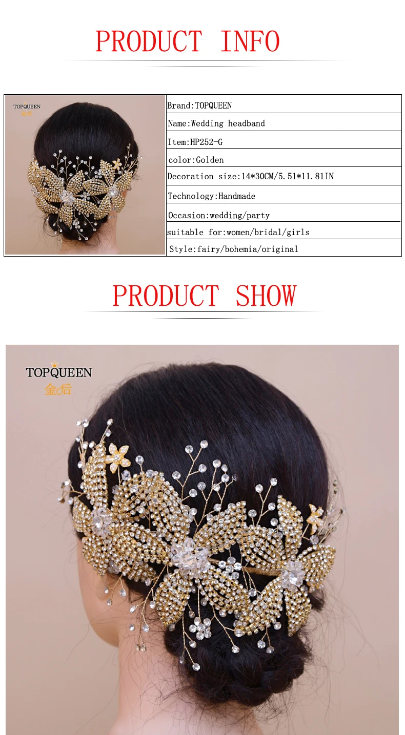 TOPQUEEN HP252-G роскошное Хрустальное оголовье для новобрачных для свадебных торжеств короны из горного хрусталя свадебный головной убор Цветочная повязка для женщин