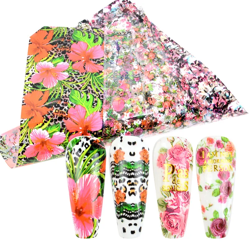 

10 шт. Цветочная Фольга для ногтей, листья, красочные переводные наклейки для ногтей, наборы декоративных переводных наклеек для маникюра, на...