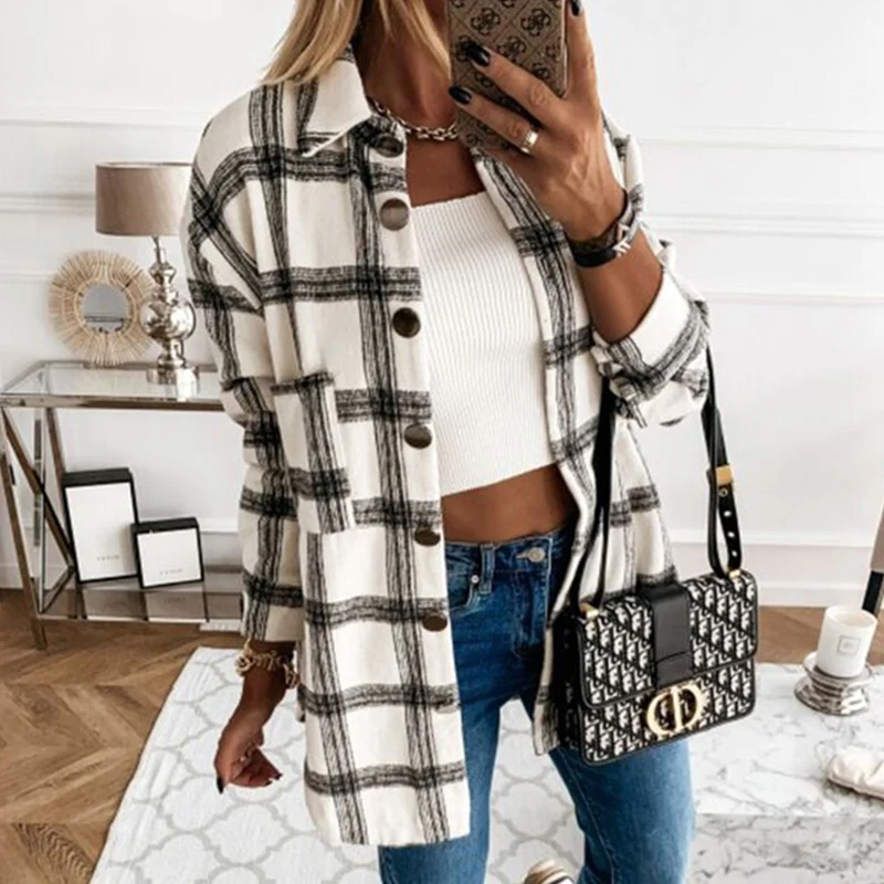 

Autumn and Winter Fashion Single-breasted Lapel Cardigan Jacket Ladies Elegant Plaid Warm Long-sleeved Casual Loose Jacket