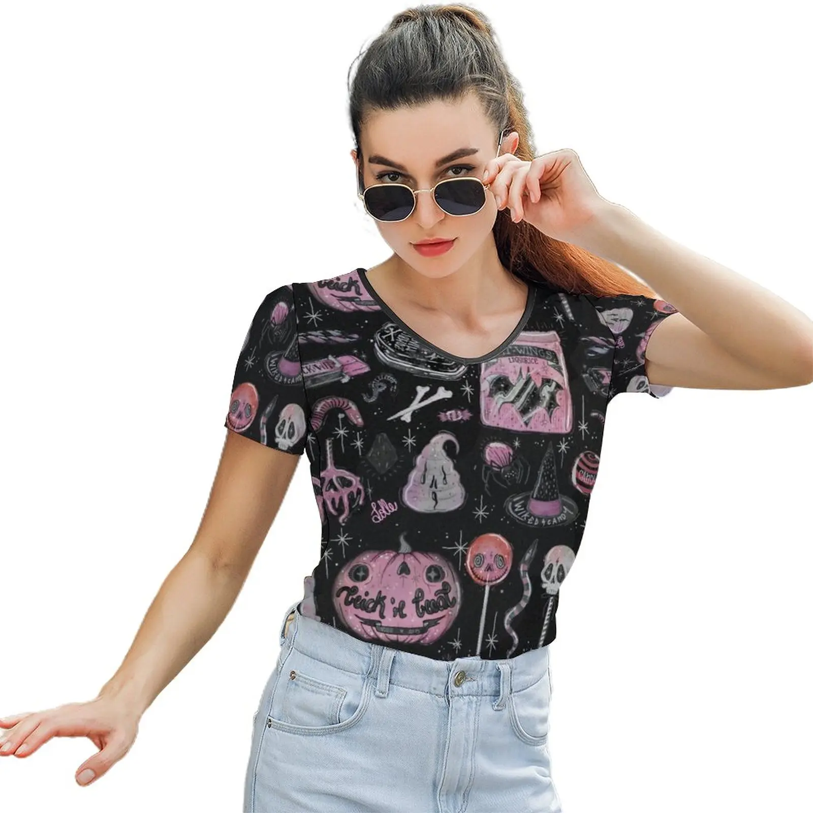 

Halloween T-Shirt Kawaii Street Style T Shirt O Neck Woman Graphic Short-Sleeve Polyester Tee Shirt