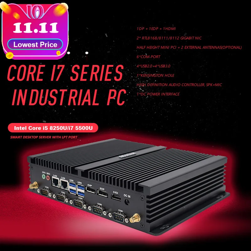 Безвентиляторный промышленный ПК 3 дисплея Core i5 8250U двойной Intel Lan Core i7 5500U RS232 RS485 COM ITX PC Celeron прочный компьютер J1900