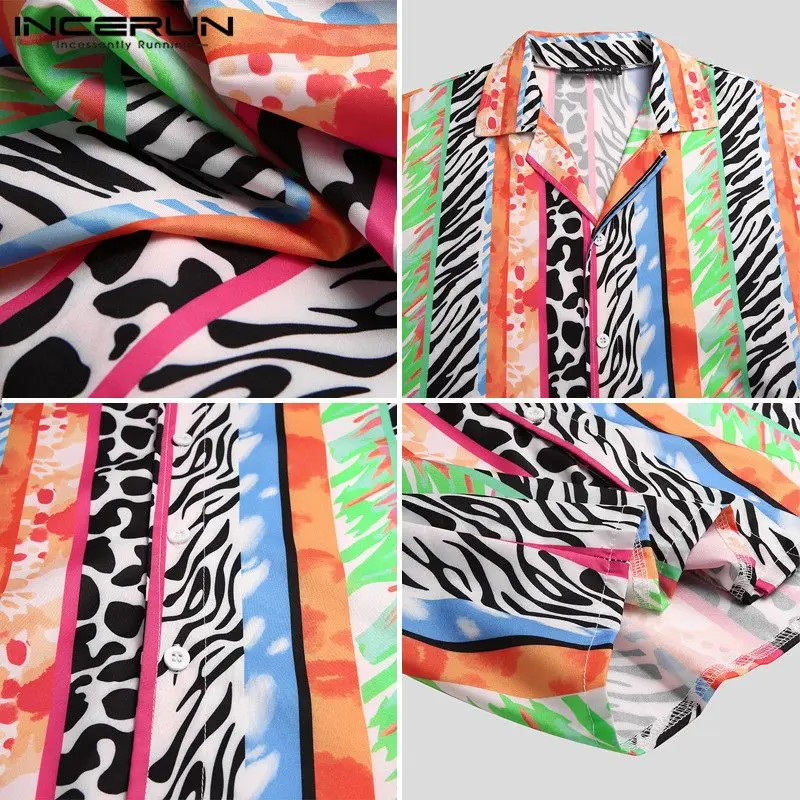 

INCERUN Mens Summer Hawaiian Shirts Casual Short Sleeve Lapel Blouse Fashion Leopard Striped Camisa Man High Street Chic Blouse