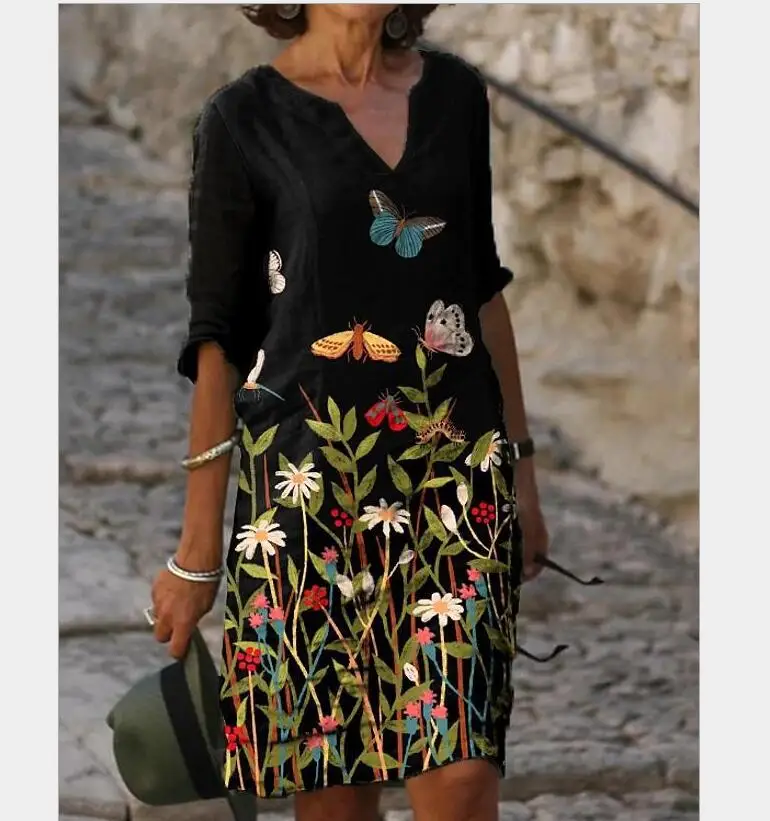 2021  New  Women Printing Dress Summer V-Neck Half Sleeve A-Line Dresses Female Retro litera Vintage Loose Dress Vestidos