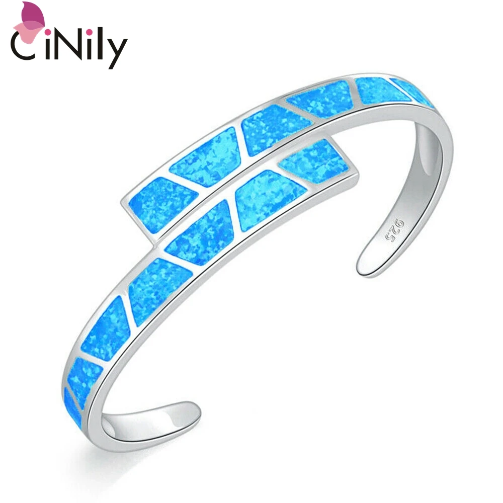 

CiNily Ocean Blue Fire Opal Stone Open Bangles Silver Plated Adjustable Bracelet Luxury Large Spring Jewelry Bohemia Boho Female