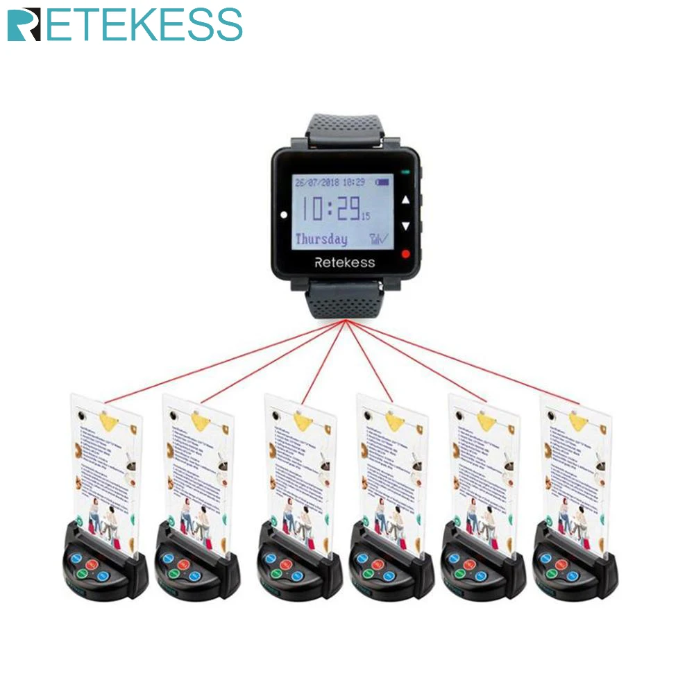 RETEKESS wireless restaurant calling system customers call waiter service with Watch Receiver+6 Table Card Pager Transmitters