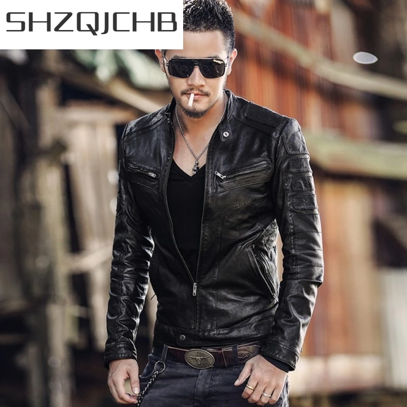 

JCHB 2021 Italy Motorcycle Men Washed Goat Genuine Leather Short Jacket Slim Fit Sheepskin Real Leather Vintage Biker Coat Aviat