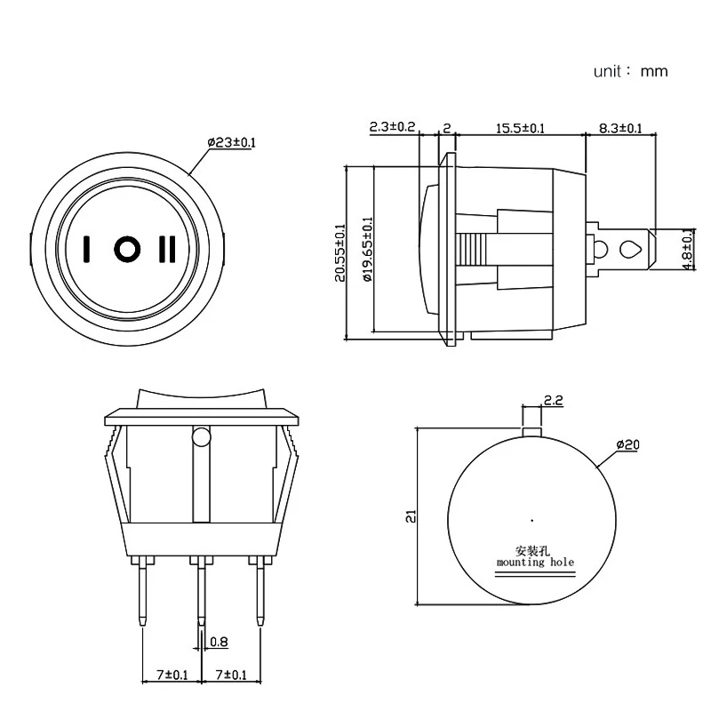1 шт. встроенный кнопочный выключатель 3 контакта 23 мм |