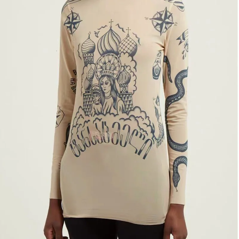 Новинка осени, Модный женский базальный топ с принтом «Goddess Tatoo», длинные рукава, высокие обтягивающие воротнички, телесный цвет, Сетчатая футболка из пряжи F218
