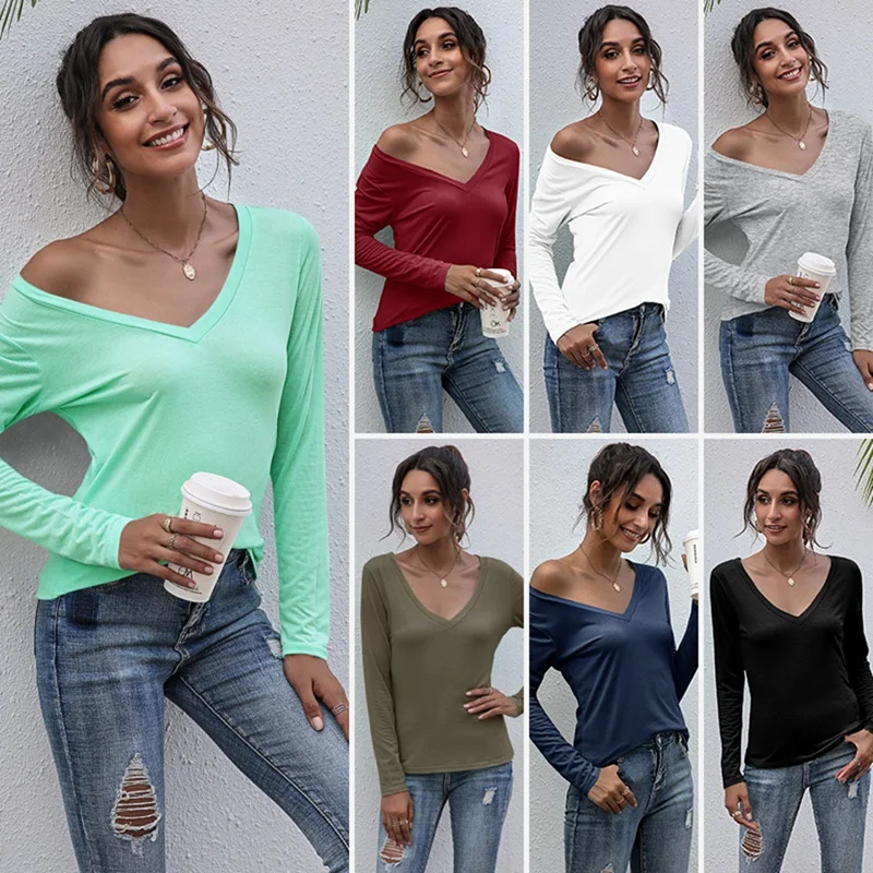 

Women's Solid Color Long Sleeve V-Neck T-Shirt Basic Casual Slim Tops