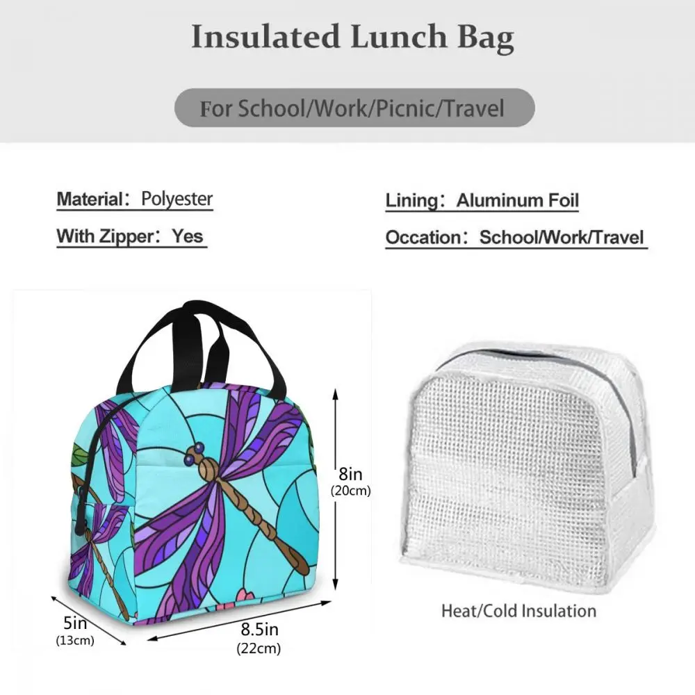 

Stained Glass Style With Dragonfly Cooler Bag Portable Zipper Thermal Lunch Bag Convenient Lunch Box Tote Food Bag